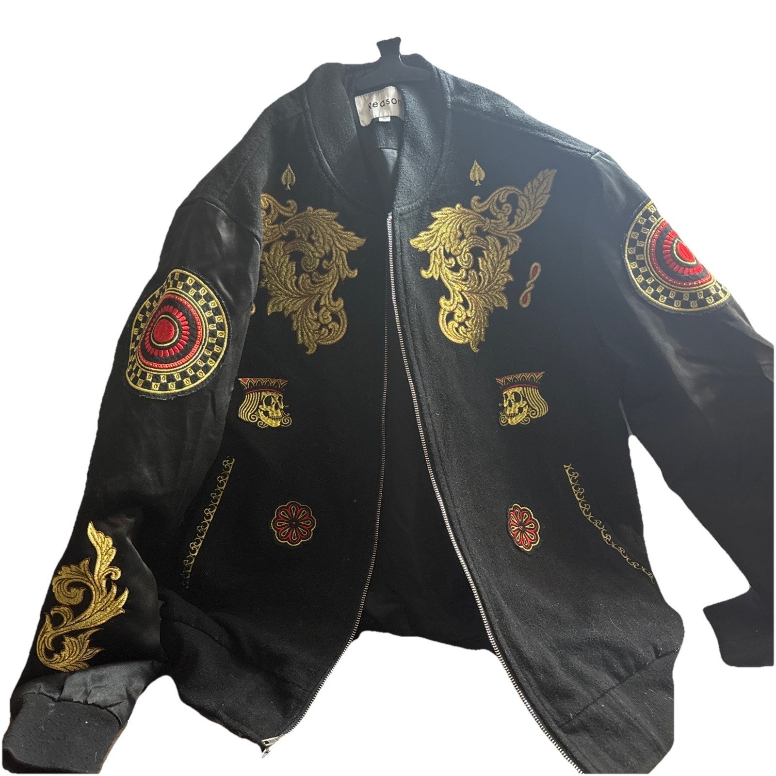 REASON Bomber Jacket SKULL BONES Wool And SATIN Sleeve