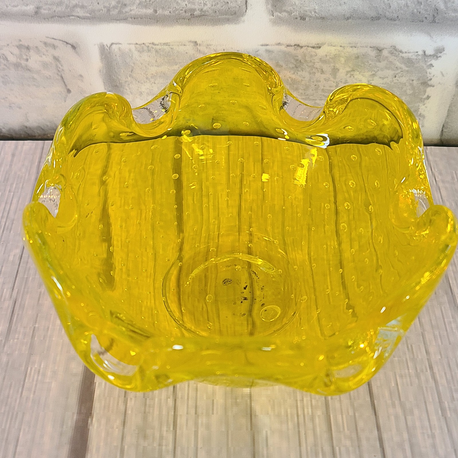 Vintage Murano Art Glass Bullicante Lemon Canary Yellow Controlled Bubbles Bowl