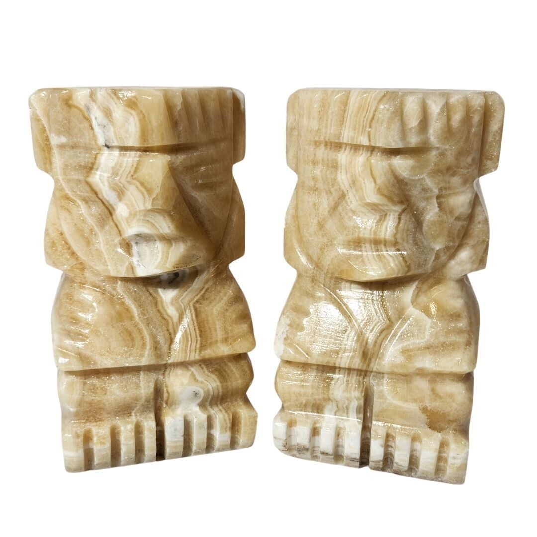 Pair Vintage Bookends Carved Aztec Mayan Tiki Stone Onyx Marble Statue Heavy