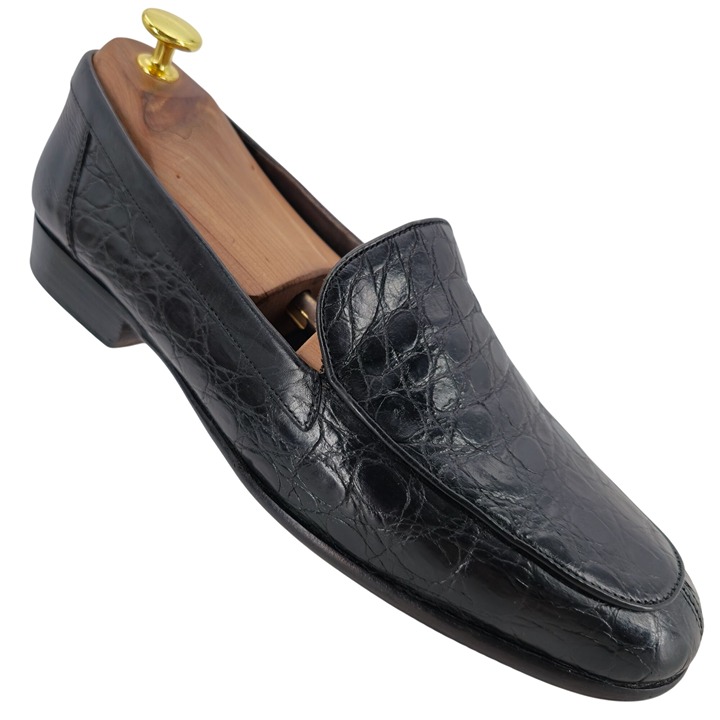 Vintage Bragano Exotic Crocodile Italy Men 9.5 Black Leather Dress Shoes Loafers