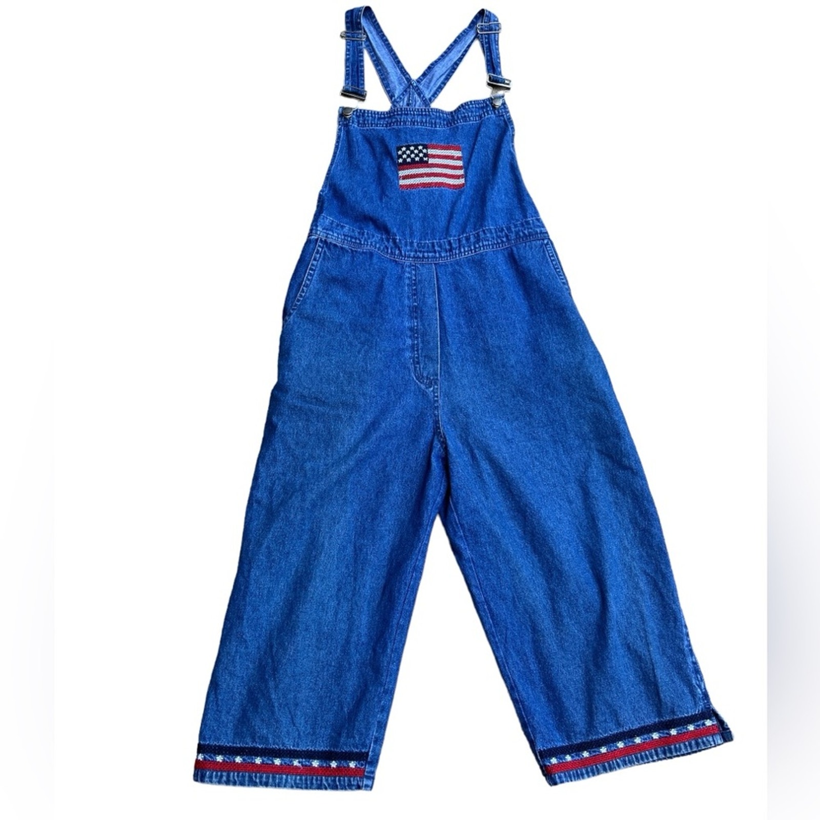 Vtg 90s Coastal Granndma American Flag Embroidered Capri Crop Denim Overalls L