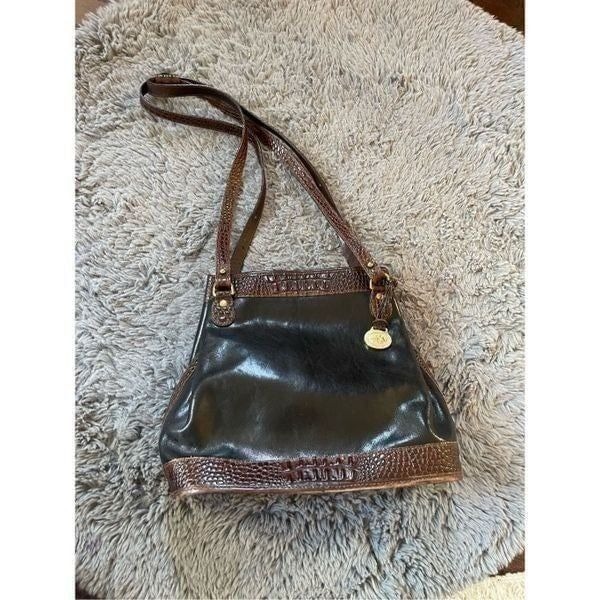 Vintage Brahmin Bucket Handbag Black Leather Brown Croc Embossed Trim Double Str