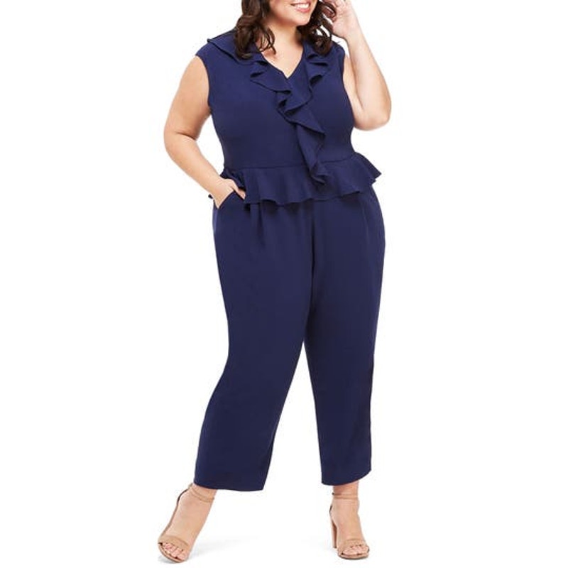 NEW Maggy London Navy Blue Crepe Ruffle Jumpsuit Women's Plus Size 18W