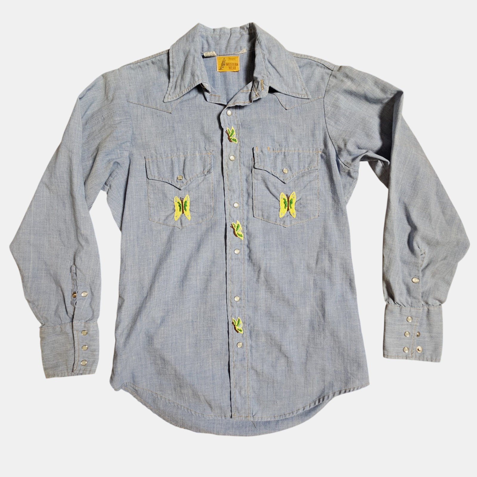 Sears Westernwear 60s Pearl Snap Shirt S Embroidered Chambray Country Hippie