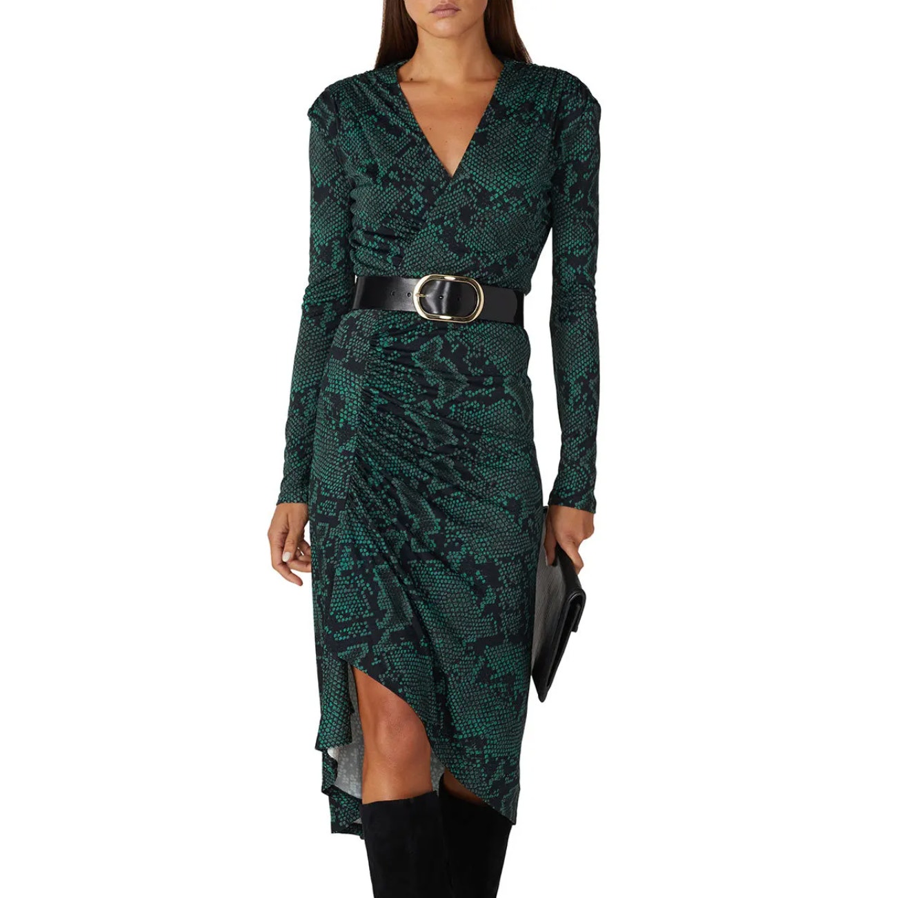 Atlein Python Ruched Midi Wrap Dress Green Size 2 Jersey Career Designer 350