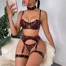Firey Red Floral Embroidery Black Lingerie Set