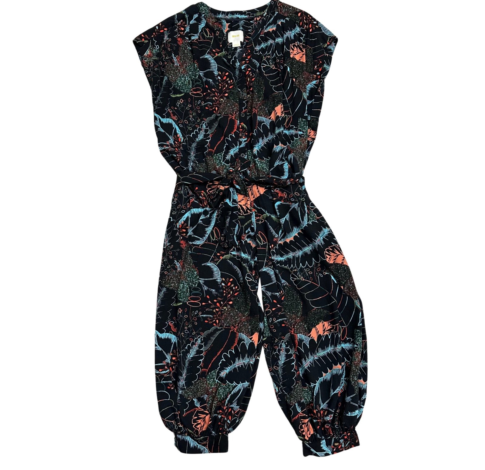 Anthropologie Maeve Leaf Print Jumpsuit Button Front Belted SZ Small P Oversized