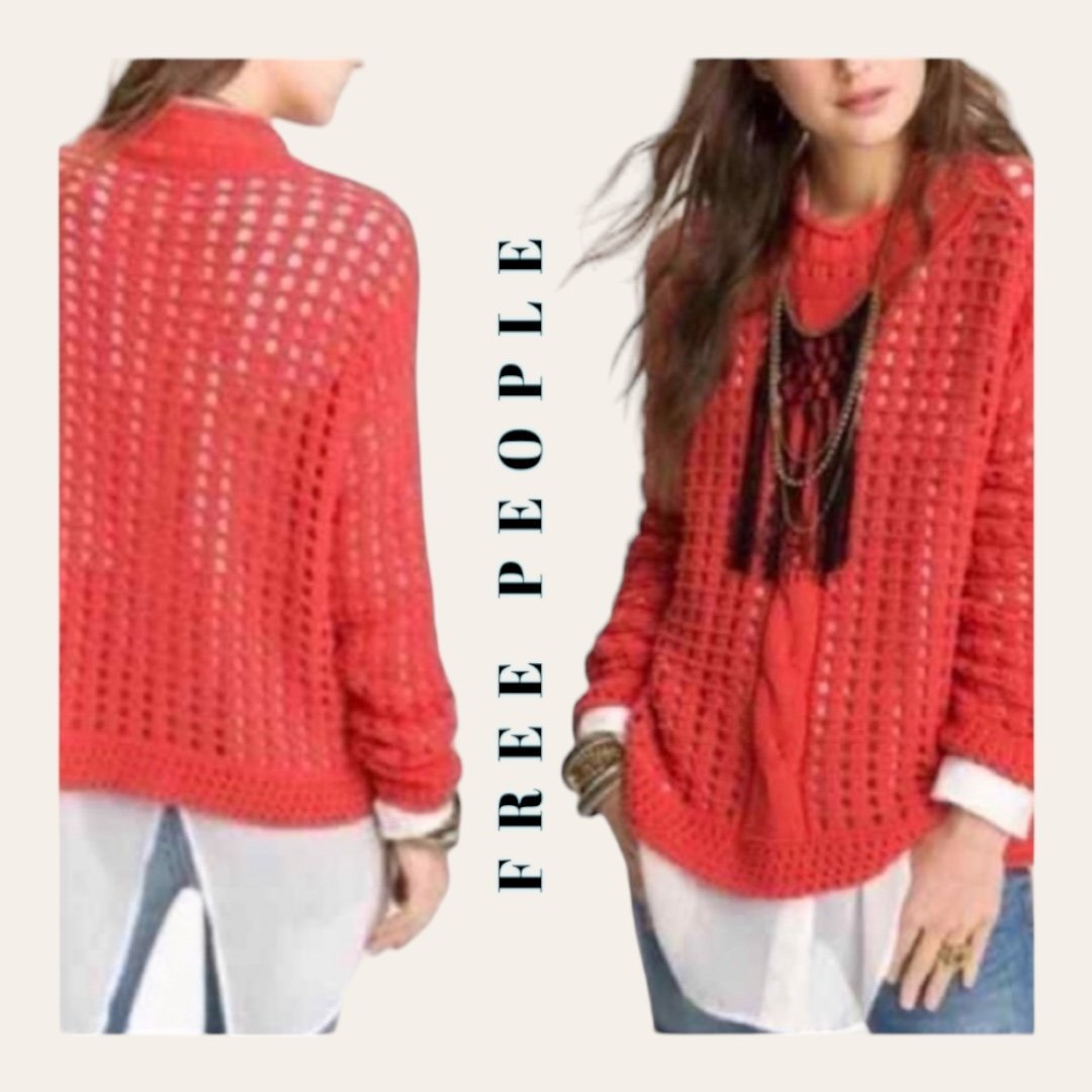 0067. FREE PEOPLE OPEN AND CABLE KNIT SWEATER ORANGE IN COLOR SIZE LARGE