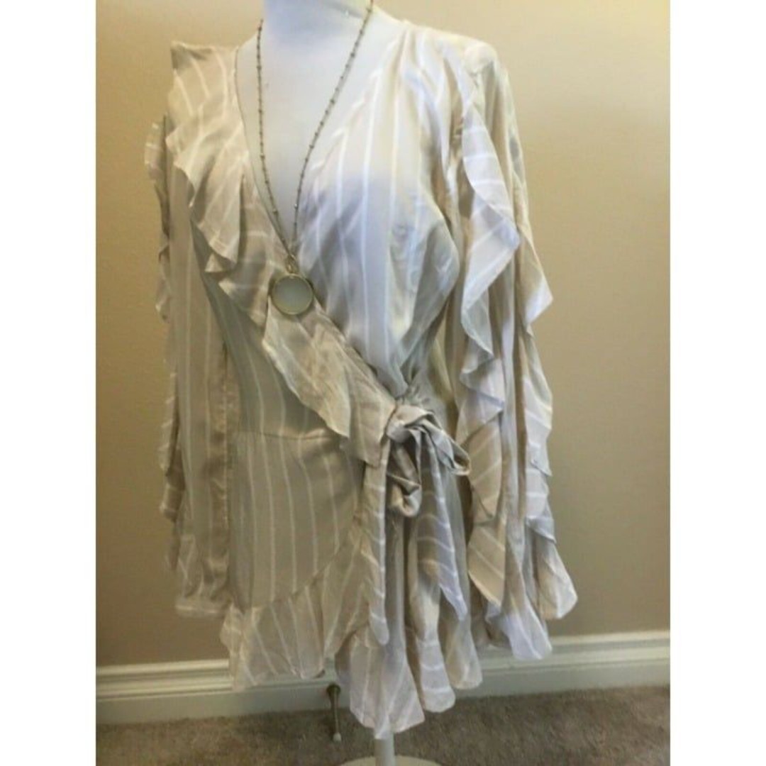 Leith Long Sleeve Beige Cream Stripe Ruffle Wrap Front Tie Blouse Small
