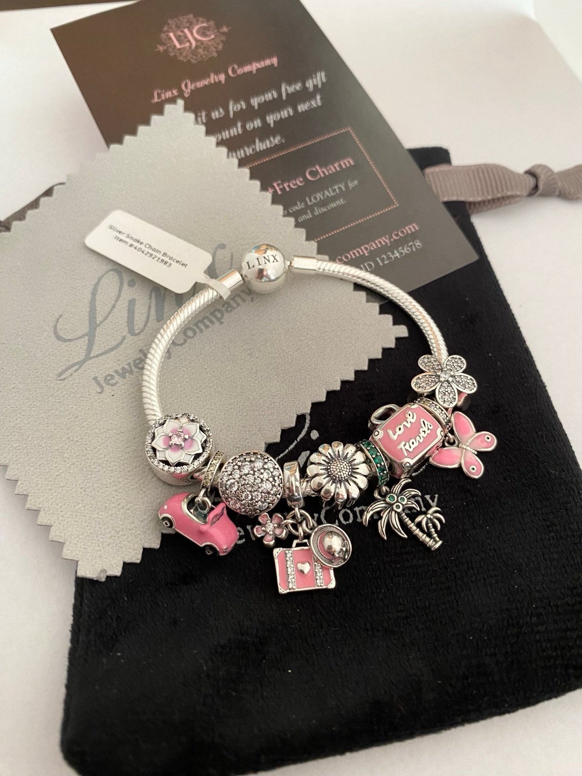Linx Snake Chain Bracelet with Pink Travel Themed Charms 925 sterling silver
