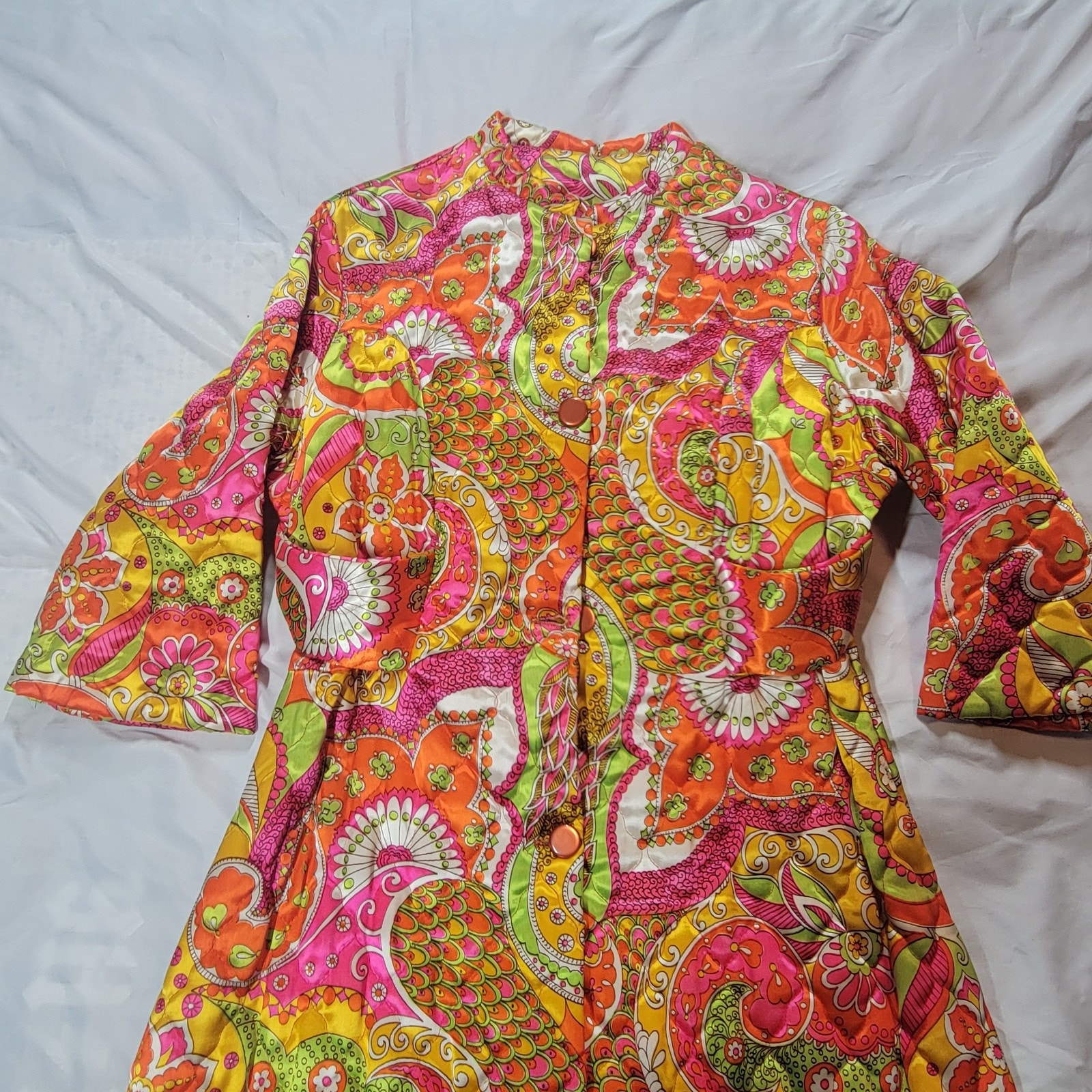 VTG 1960s Funky Psychedelic Paisley Housecoat Ful Length Quilted Fitted Size 16