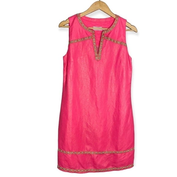 VINEYARD VINES Pink Sleeveless Linen Shift Dress with Gold Accents