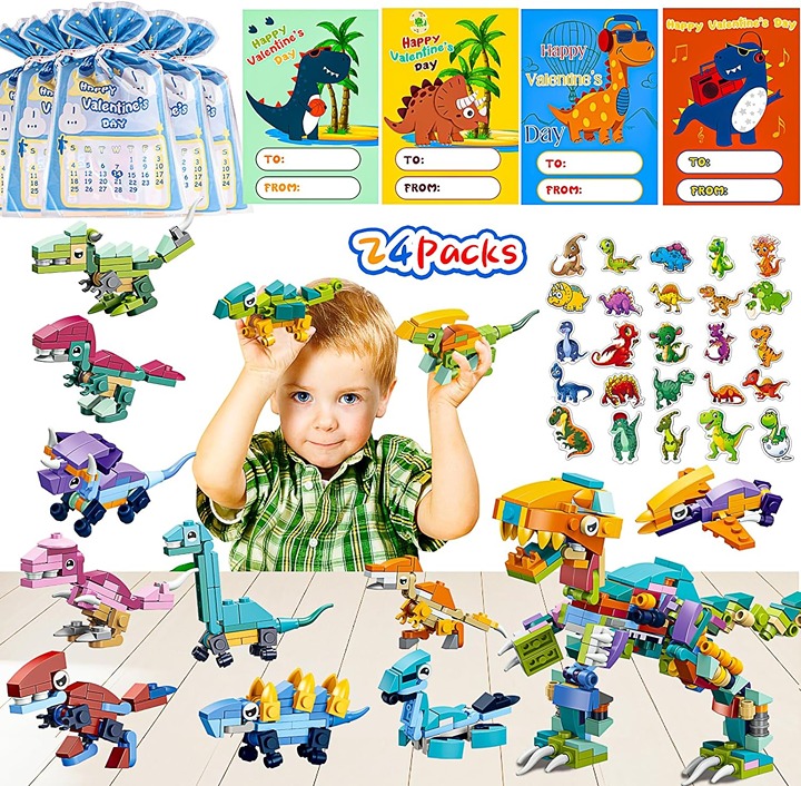 YDP Valentines Day Gifts for Kids - 24Pack Dinosaur Building Blocks with Valenti