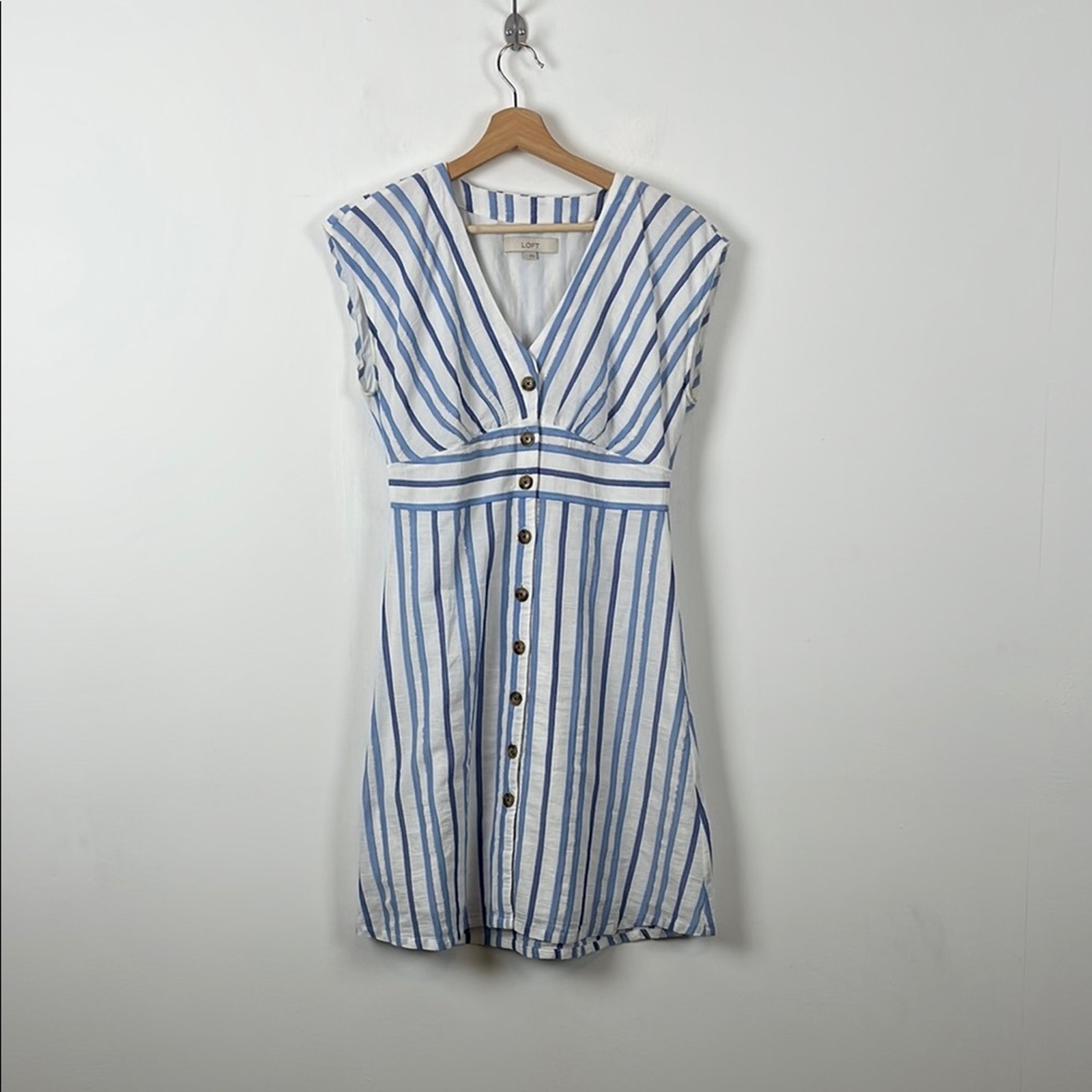 Loft Women's 4 Blue and White Striped Button-Down V Neck Cap Sleeve Lined Dress