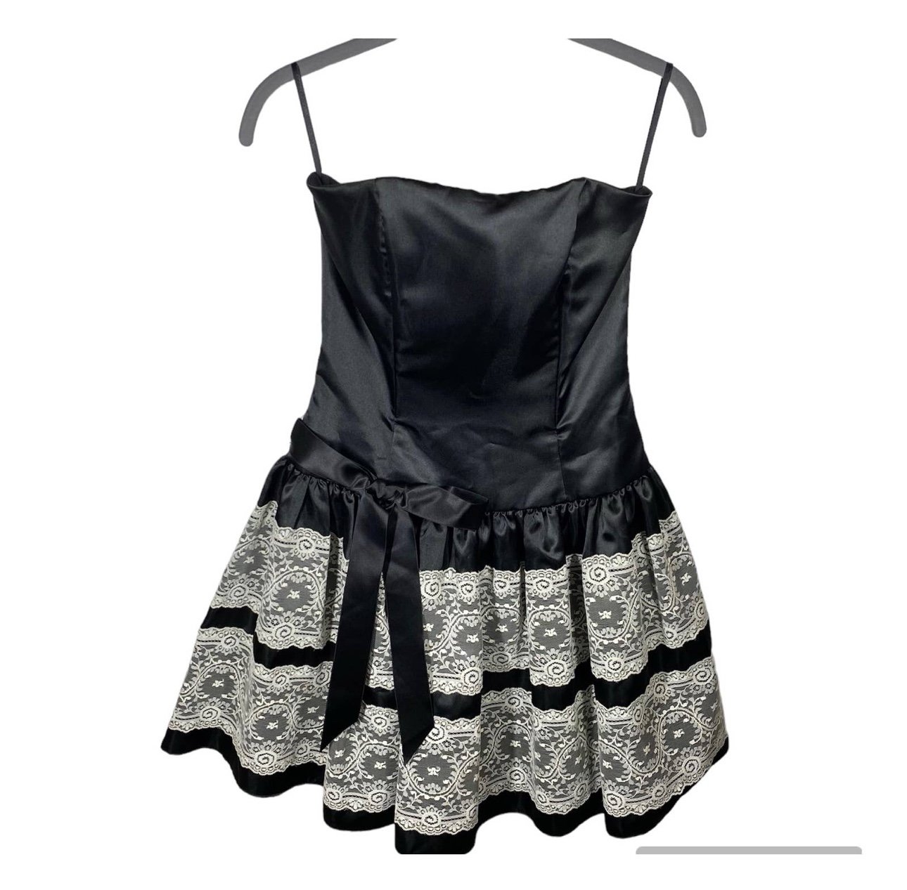 Vintage lolita Jessica McClintock Strapless Satin Lace MiniDress Black Cream