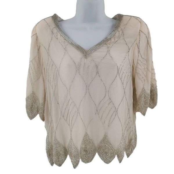 Vintage White Silk Top Hand Embellished in Silver Beads | Circa 1980s-1990s