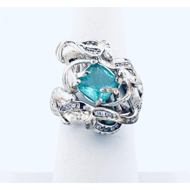 Estate Vintage Sterling Silver Mermaid Ring Aqua Blue Gemstone Size 6, 10g
