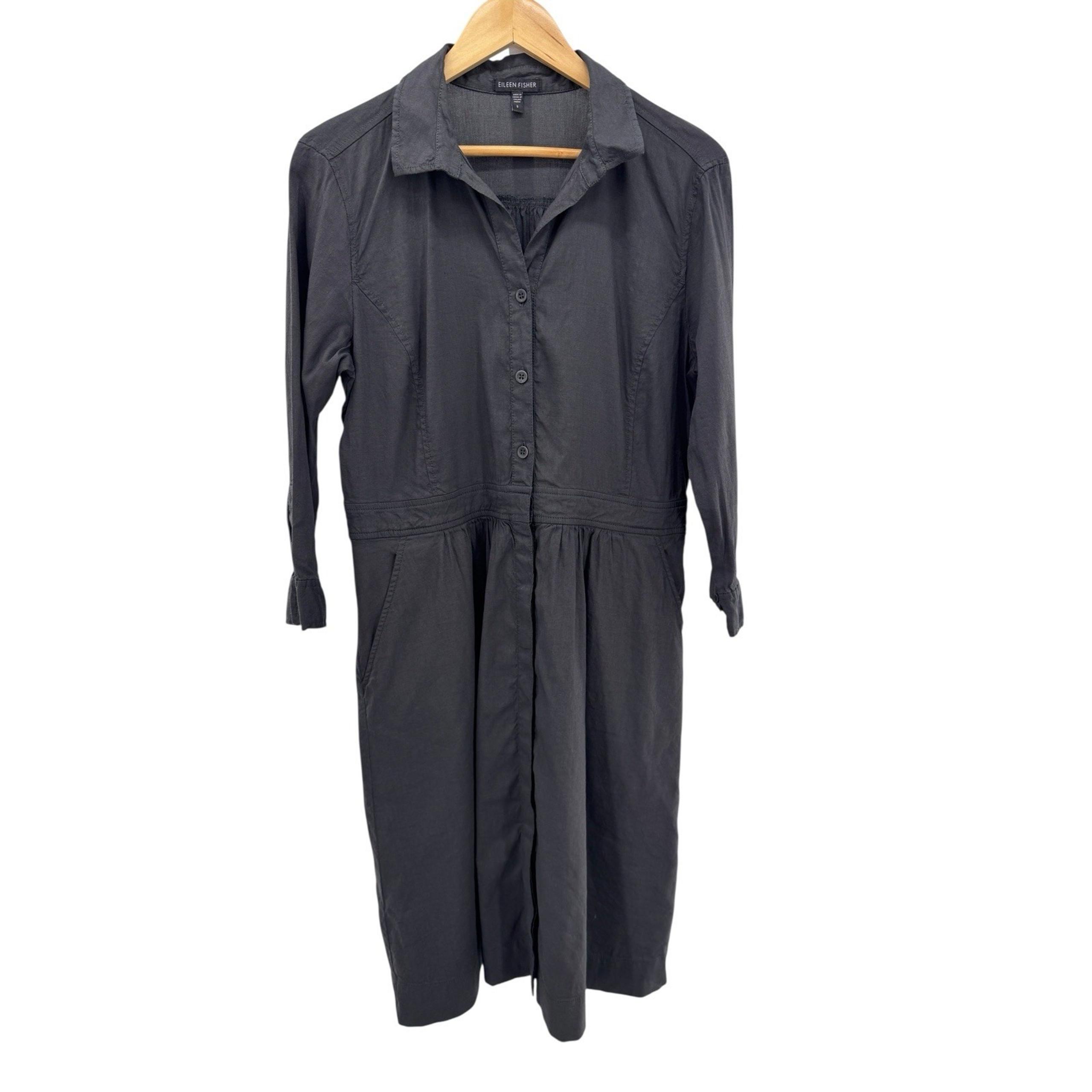 Eileen Fisher Gray Shirt Dress Small Linen Blend Button Front Minimalist