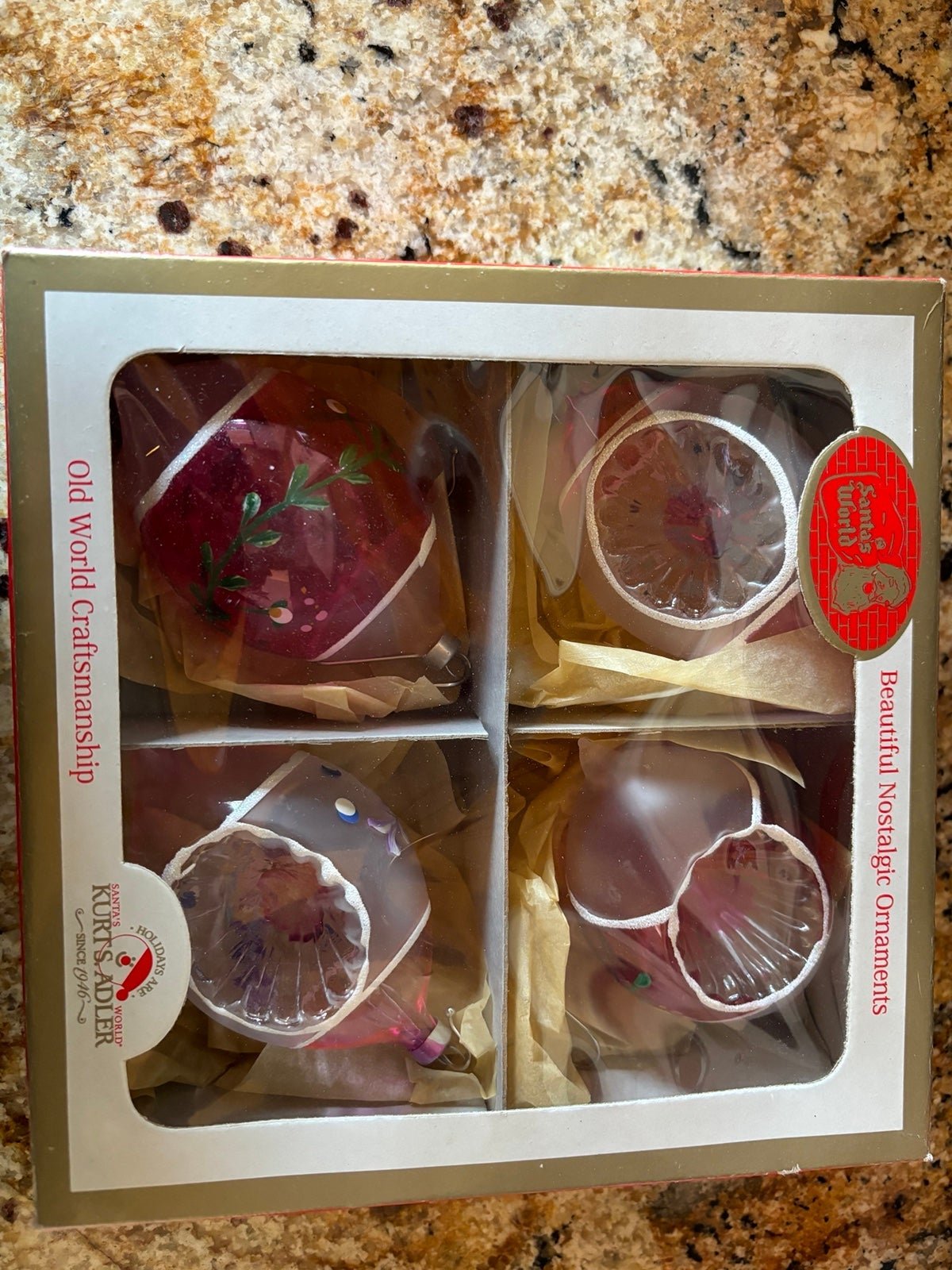 Christmas vintage NWOT set of 6 rose and pink hand painted teardrop ornaments