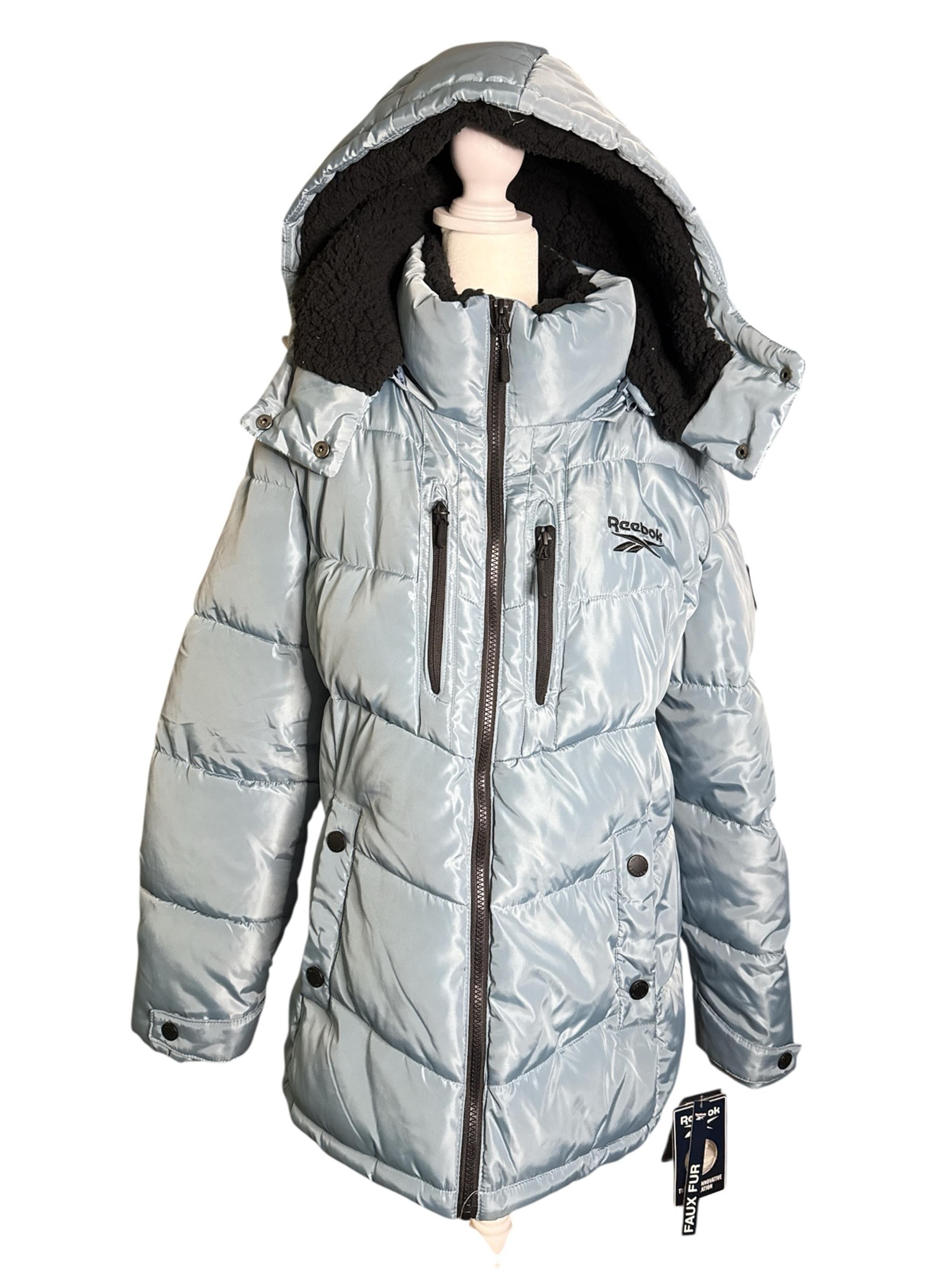 Reebok Puffer Jacket - Faux Fur Lined Hood - Women’s Size L - Blue Slate - NWT $
