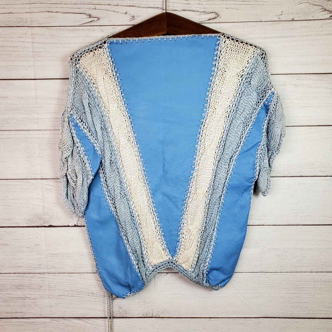 Vintage Women's Blue Leather & Knit Top Rare Made In Turkey Size Medium