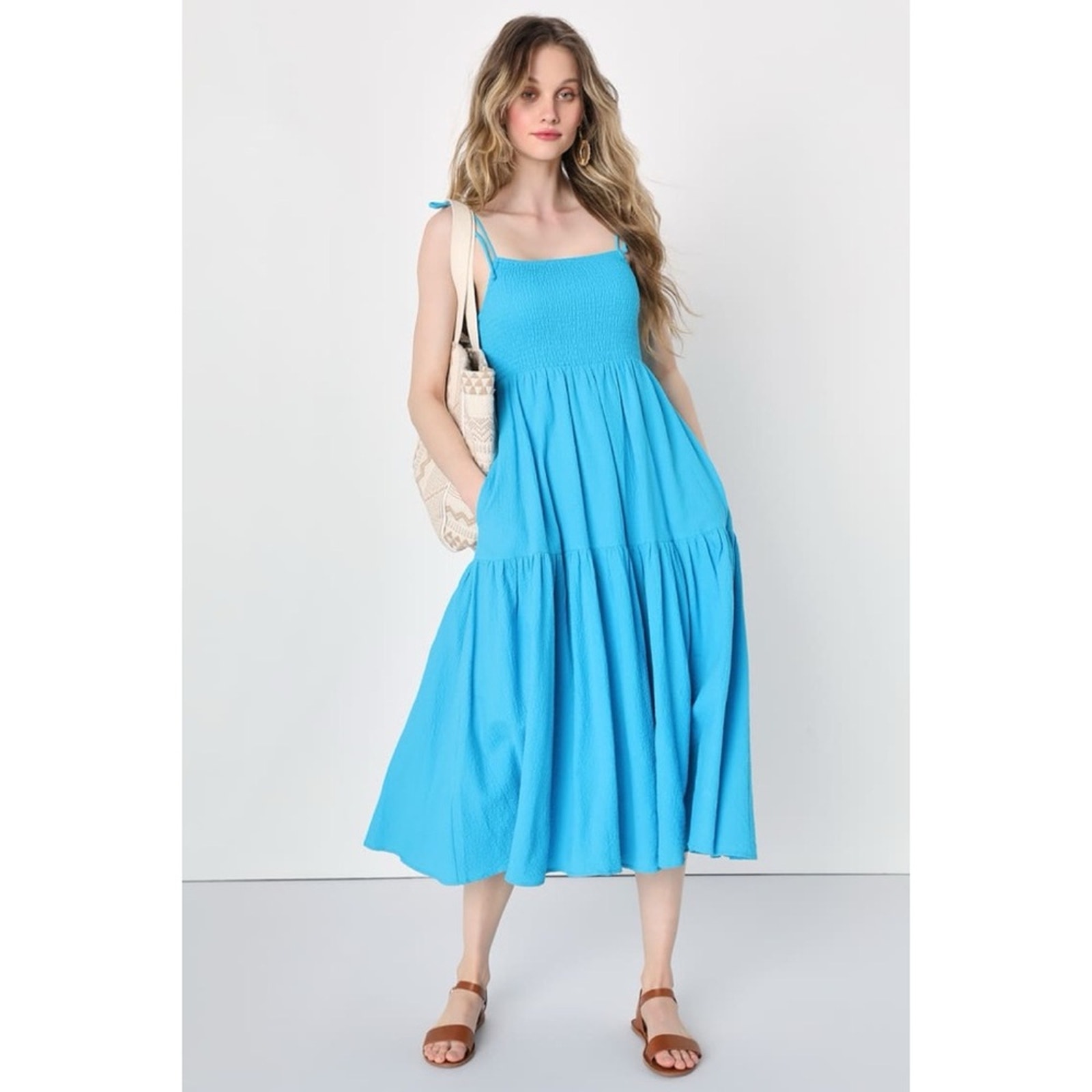 Lulus Effortlessly Simple Teal Blue Tie Strap Smocked Midi Dress