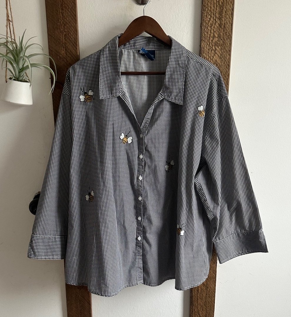 Vintage 90s Las Olas Bumble Bee Checkered Plaid Button Down Blouse Plus Women’s