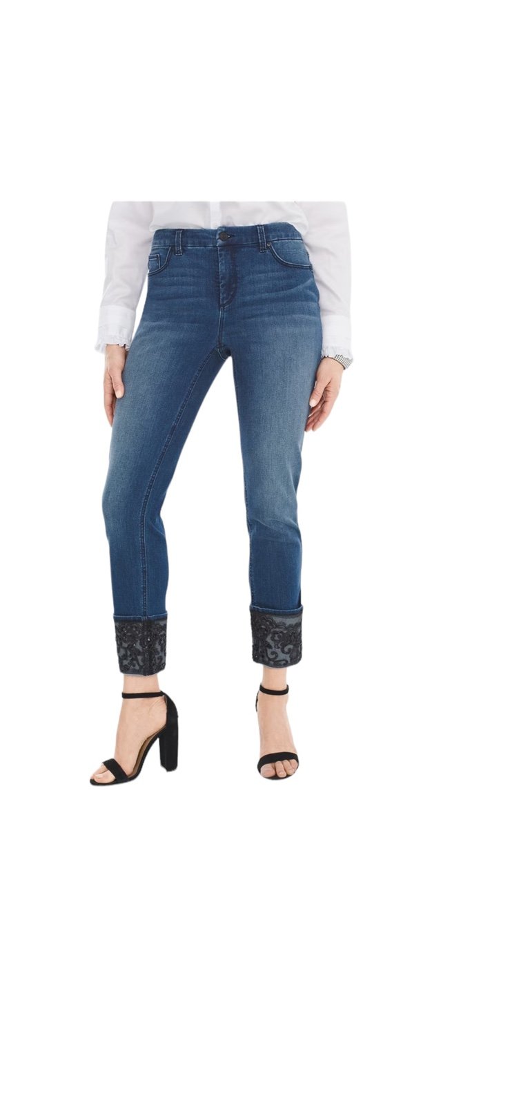 Chico’s So Slimming Sequin Lace Cuff Blue Jean SZ 00 2 Petite Stretch 24” Inseam