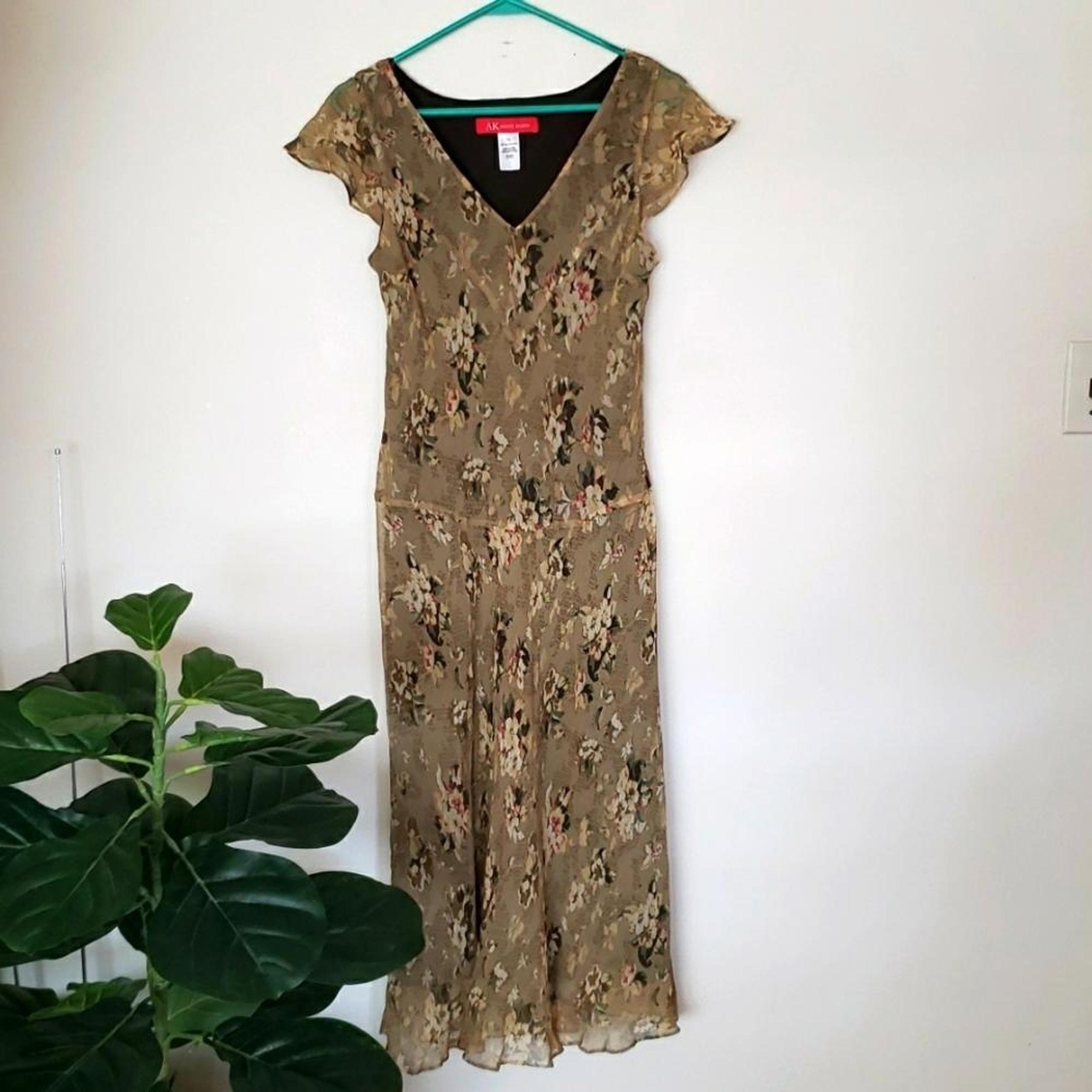 Ann Klein 100% silk floral midi maxi dress, flutter sleeve, women's size 14