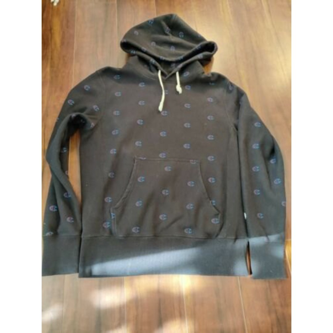 Vintage Champion Reverse Weave Warm Up Black Logos Sweatshirt Hoodie Large