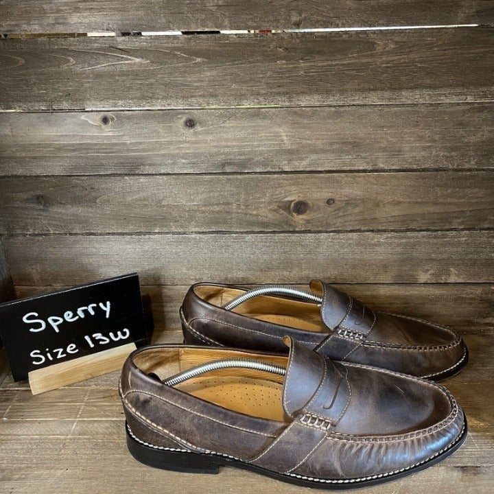 Mens Sperry Gold Cup Brown Leather Slip On Penny Loafers Shoes Size 13 W GUC