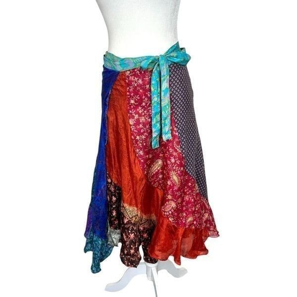 Vintage Patchwork Silk Tie Wrap Skirt Midi Pattern Boho Colorful Flowy Blue Red