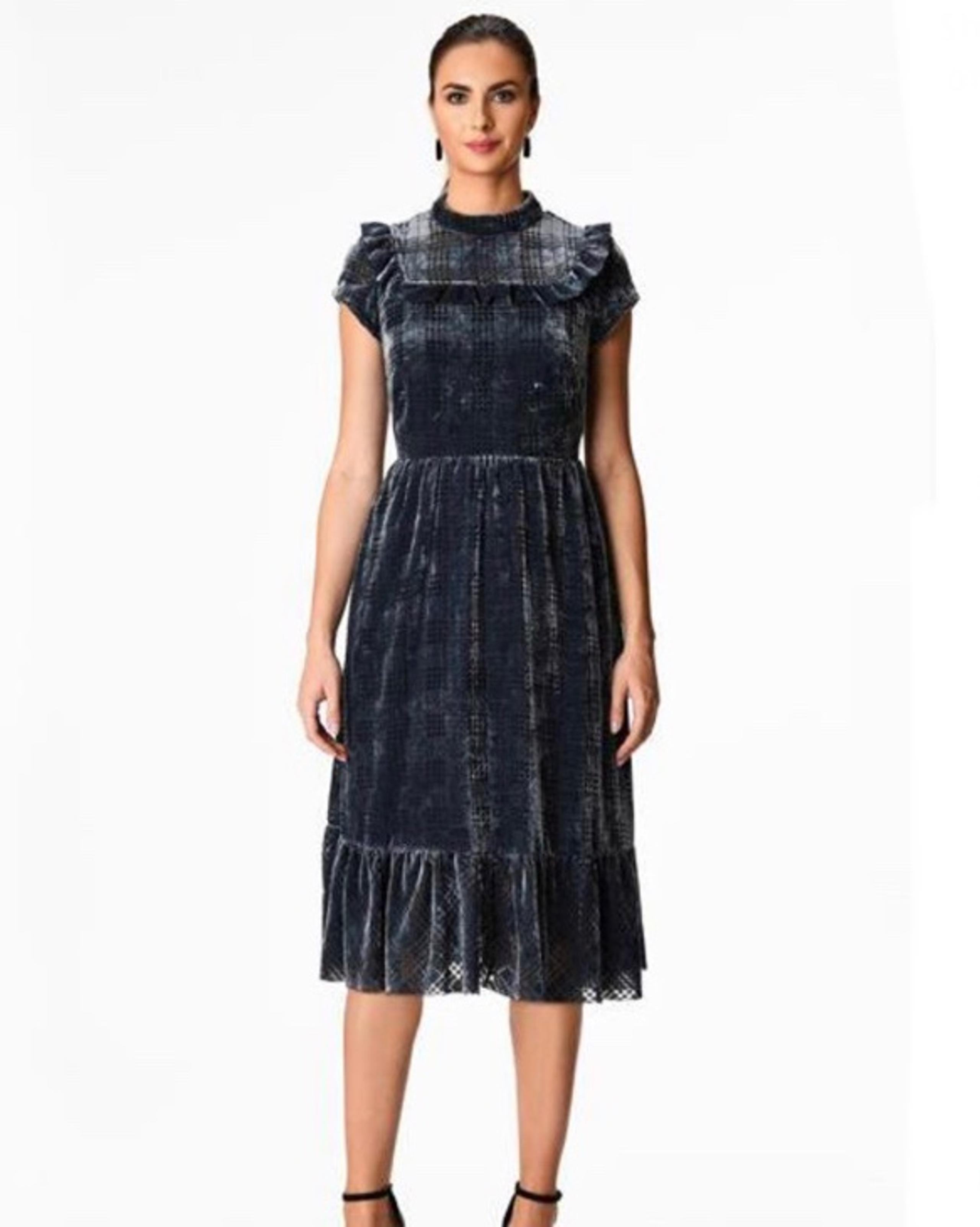 Zapelle Eshakti Houndstooth Burnout Velvet Blue Dress Sz 14