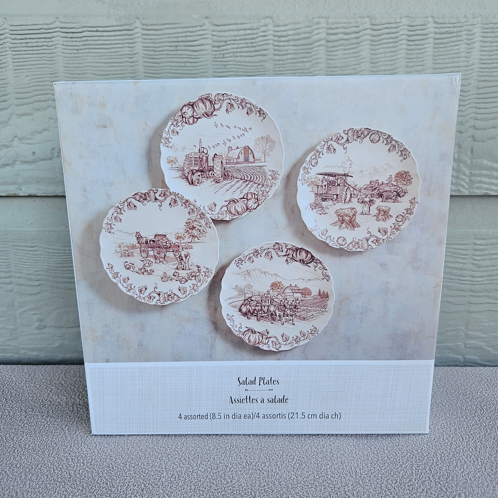Pier 1 Harvest Village 9 Set of 4 Salad Plates Brown White Farm Scenes