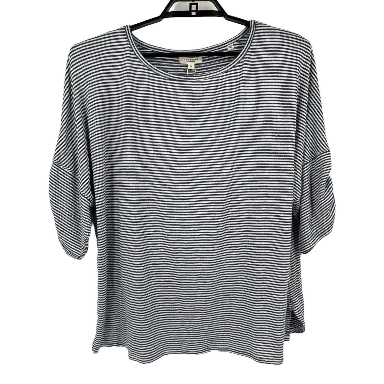 Max Studio top rib knit short sleeve striped blue white size 1X