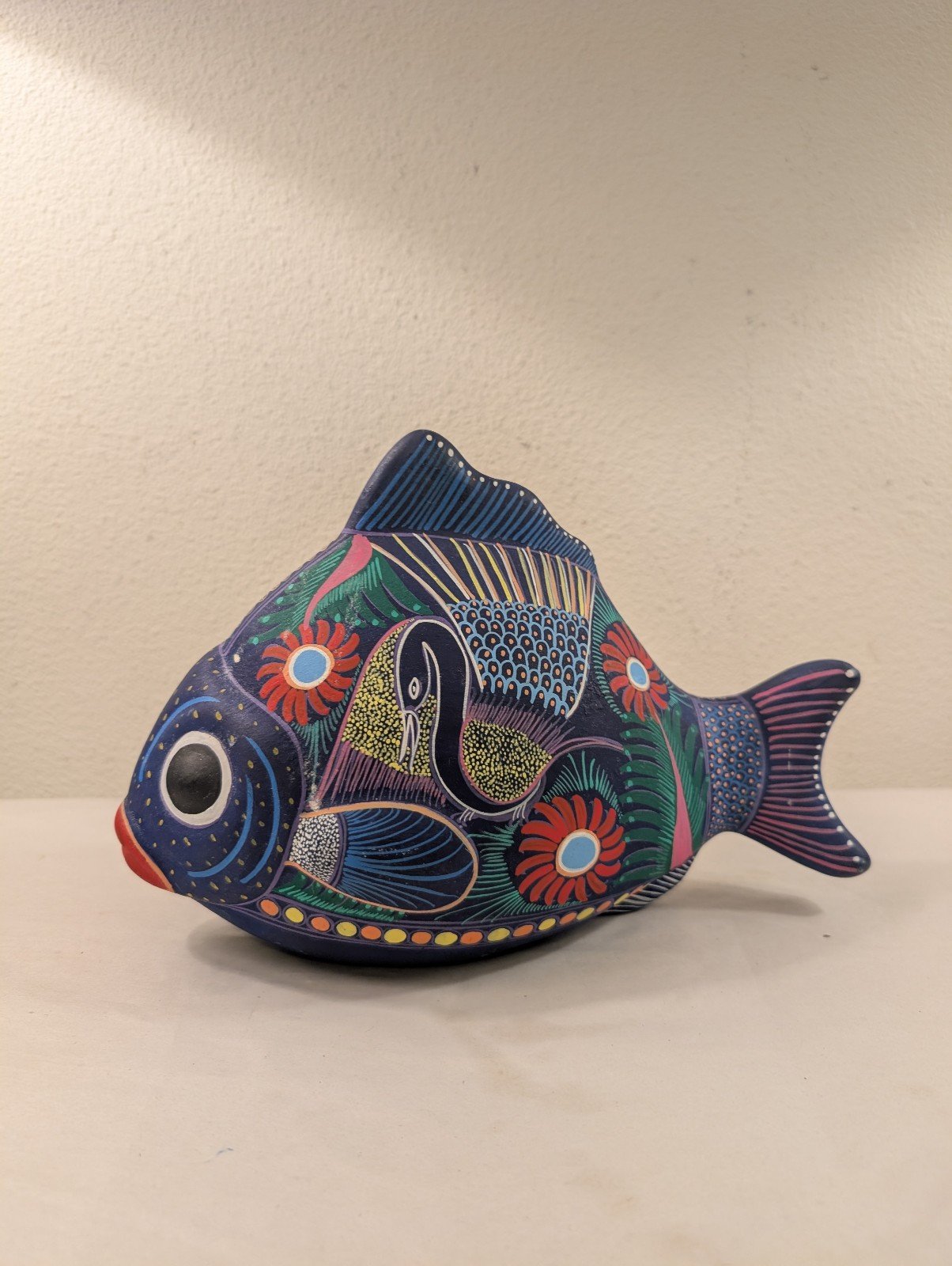 Tropical Fish Hand Crafted Pottery Art Colorful Hand Painted Birds Flowers 9.5