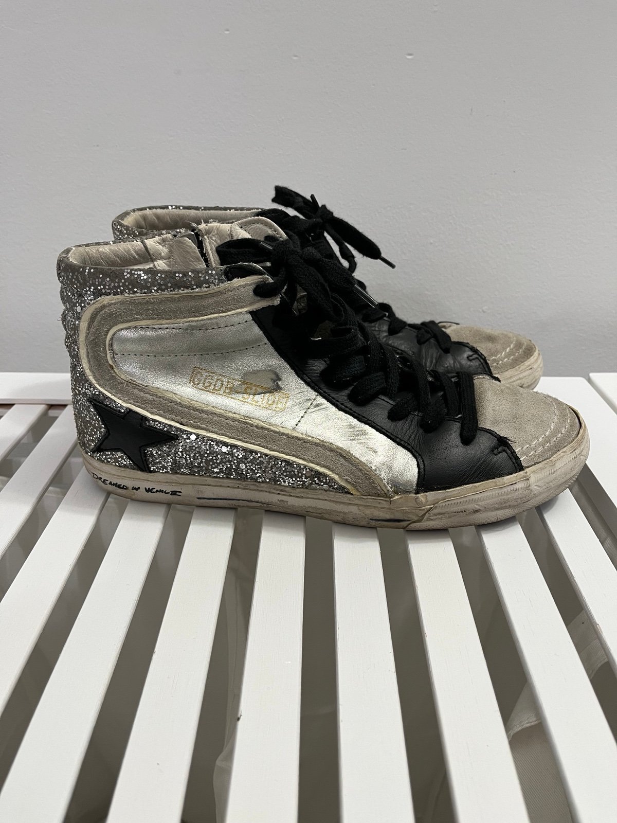 Golden goose silver, black, & white high tops