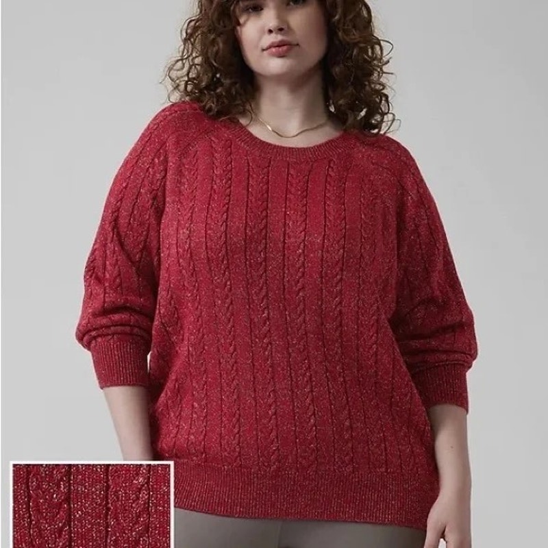 Athleta Crossroads Metallic Holiday Sweater Cable Knit Crew Wool | Red | SZ 2X