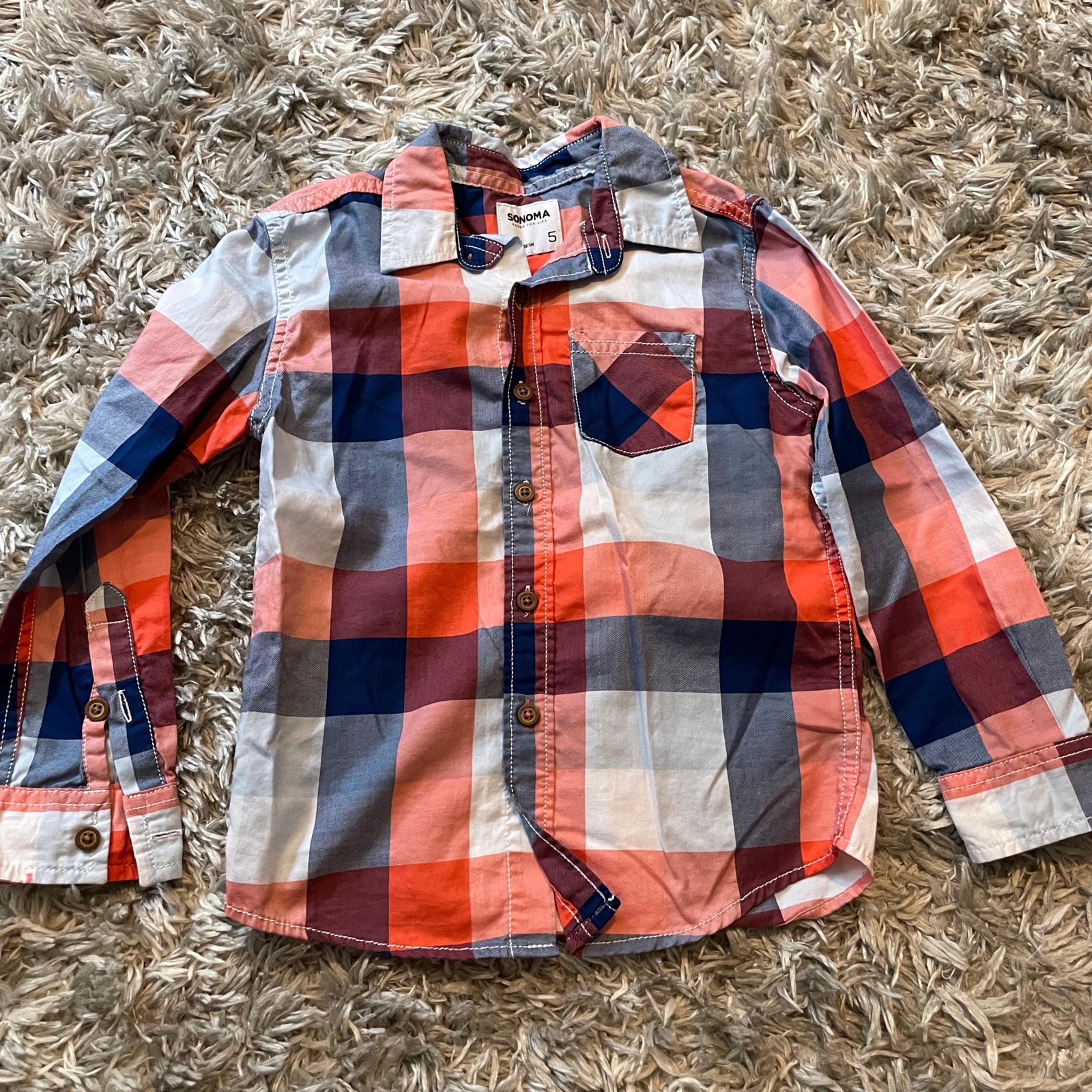 Sonoma boys size 5 long sleeve button down shirt plaid orange blue white