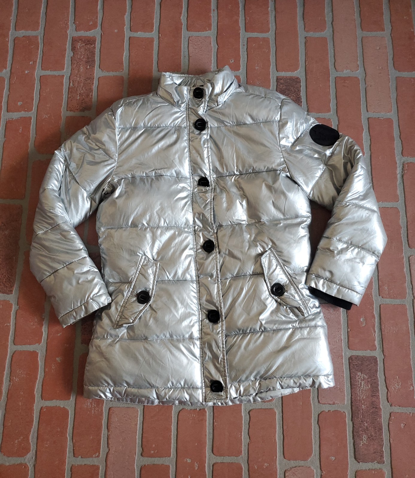 Diesel Silver Metallic Girls Button & Zip Fur Winter Puffer Jacket size 12