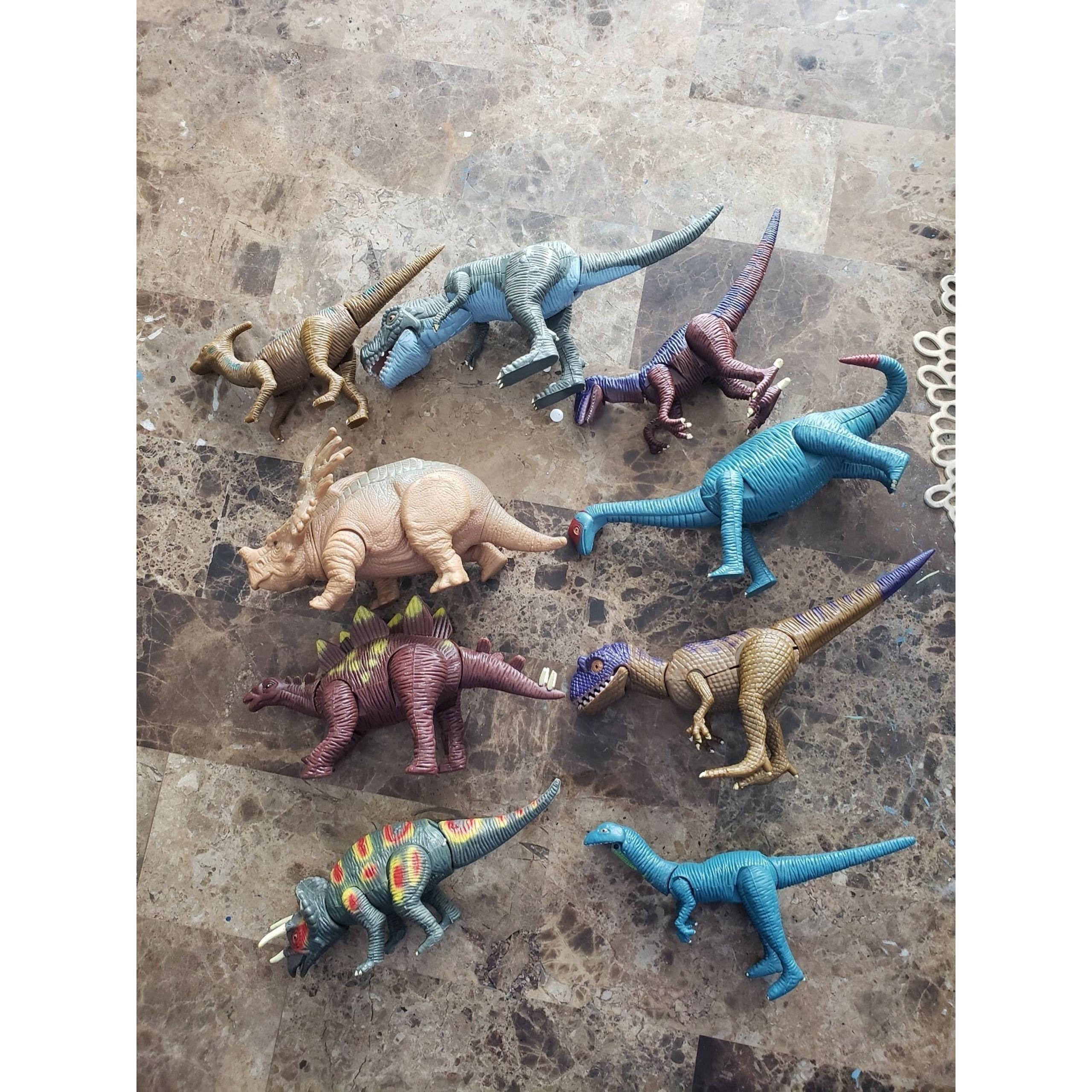 9 Dinosaur K&M International 2001 jointed Toy Set T-Rex Velociraptor Lot Vintage