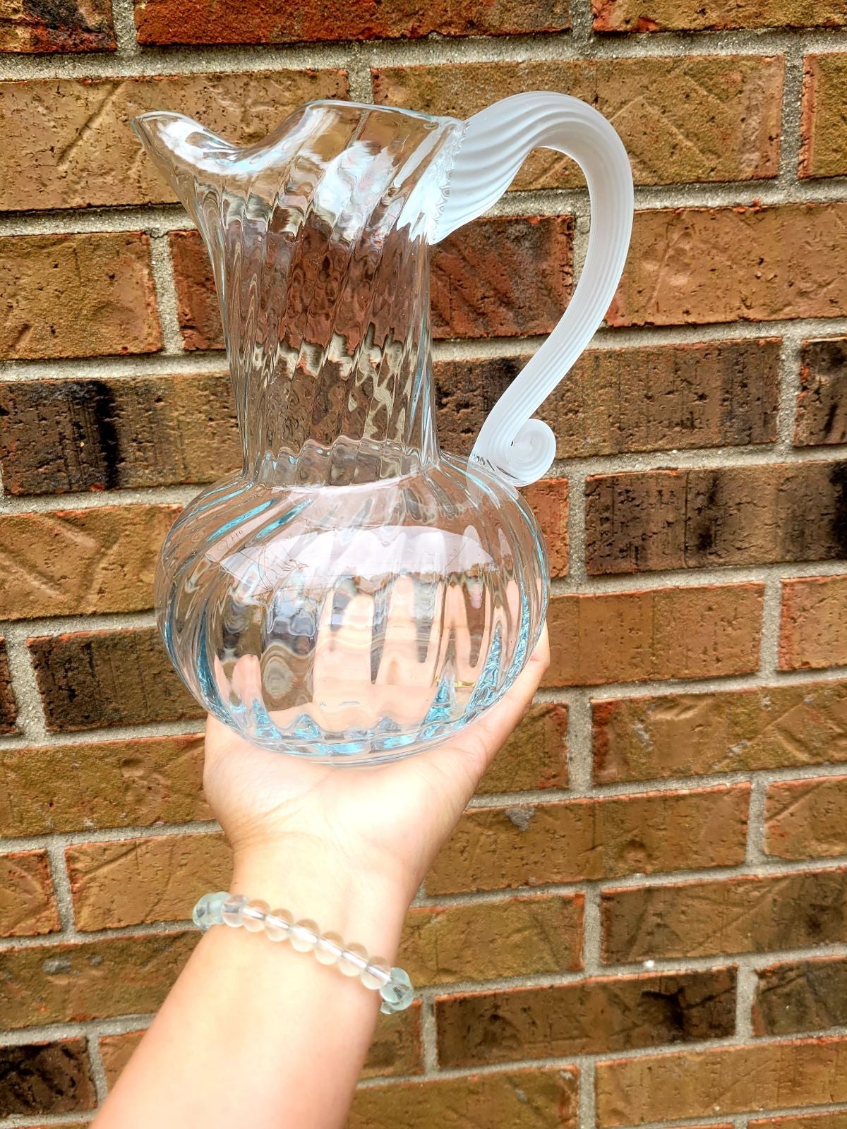 Vintage Clear Ribbed Swirled Glass Water Pitcher with Frosted Applied Glass
