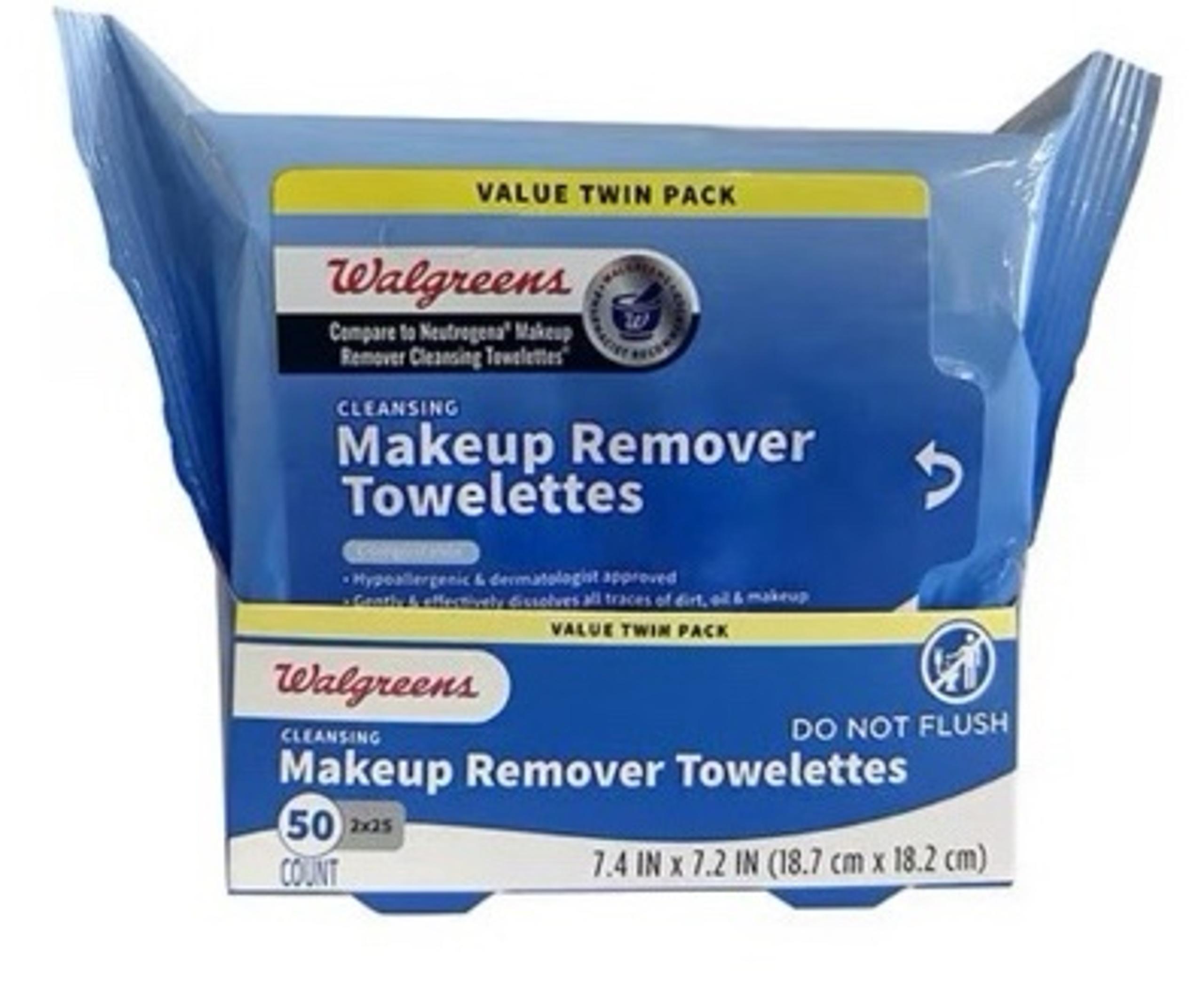 Walgreens CLEANSING Makeup Remover Towelettes
25ct/pack x 2 packs = 50ct TOTAL