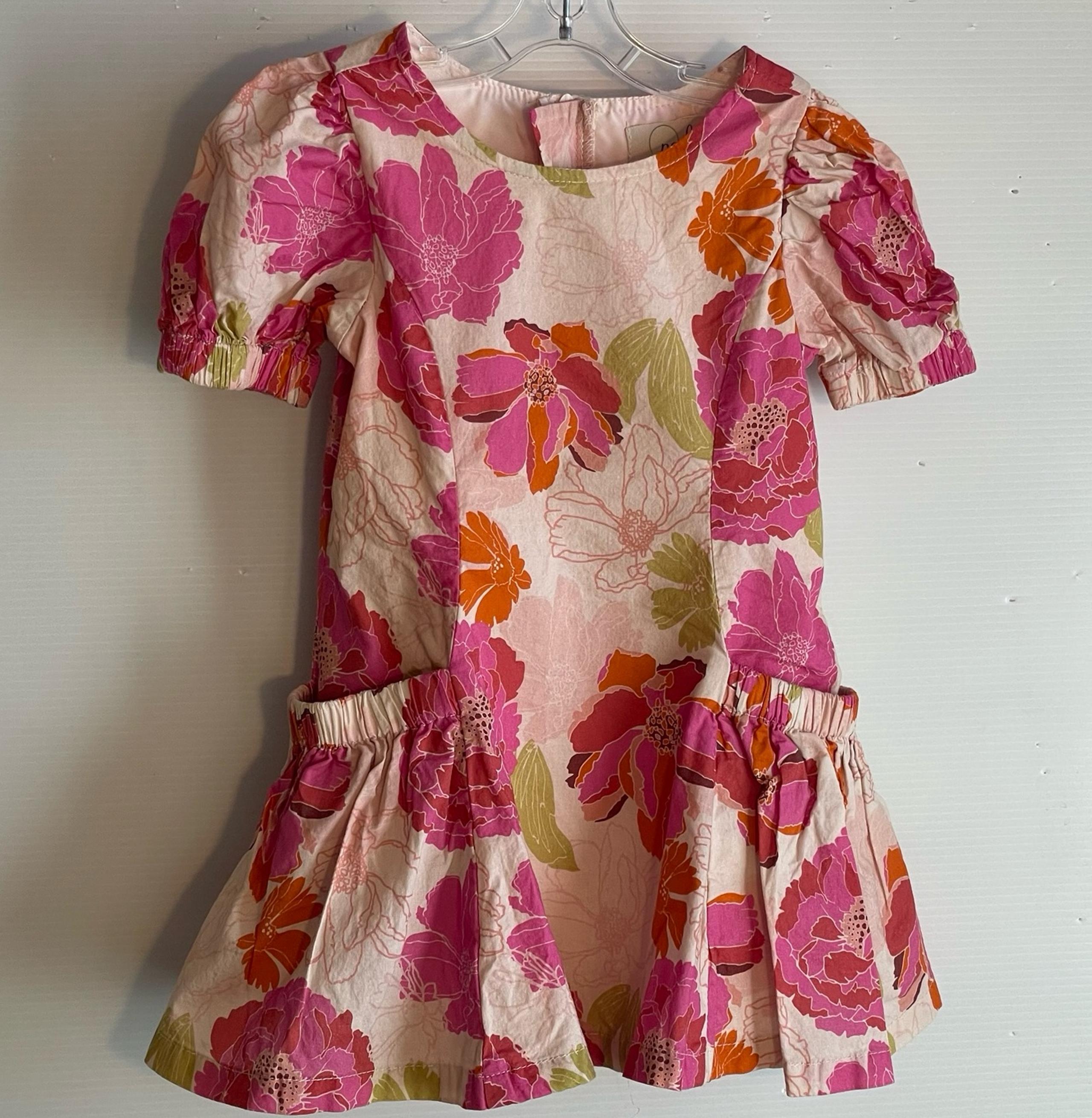 Peek Kids Size 2 Toddler Girls Pink Floral Puff Sleeve Dress Drop Waist Pockets