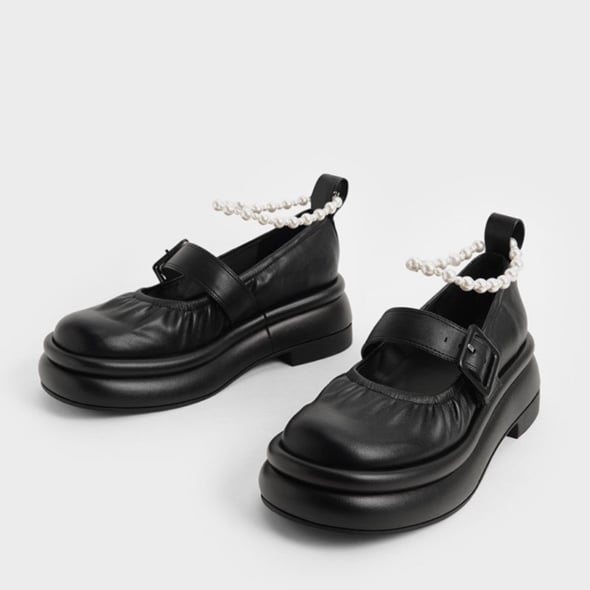 Nola Beaded Strap Platform Mary Janes - Black