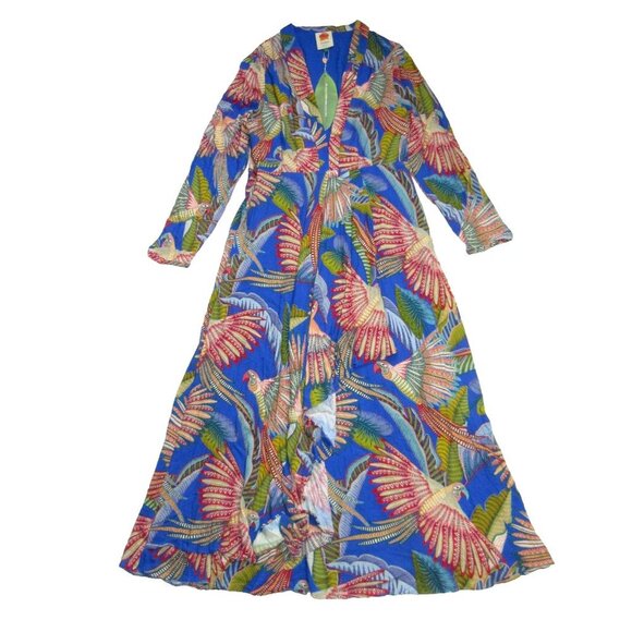 NWT FARM Rio Macaw Flight Maxi in Blue Plunging V-neck Long Sleeve Dress L 220