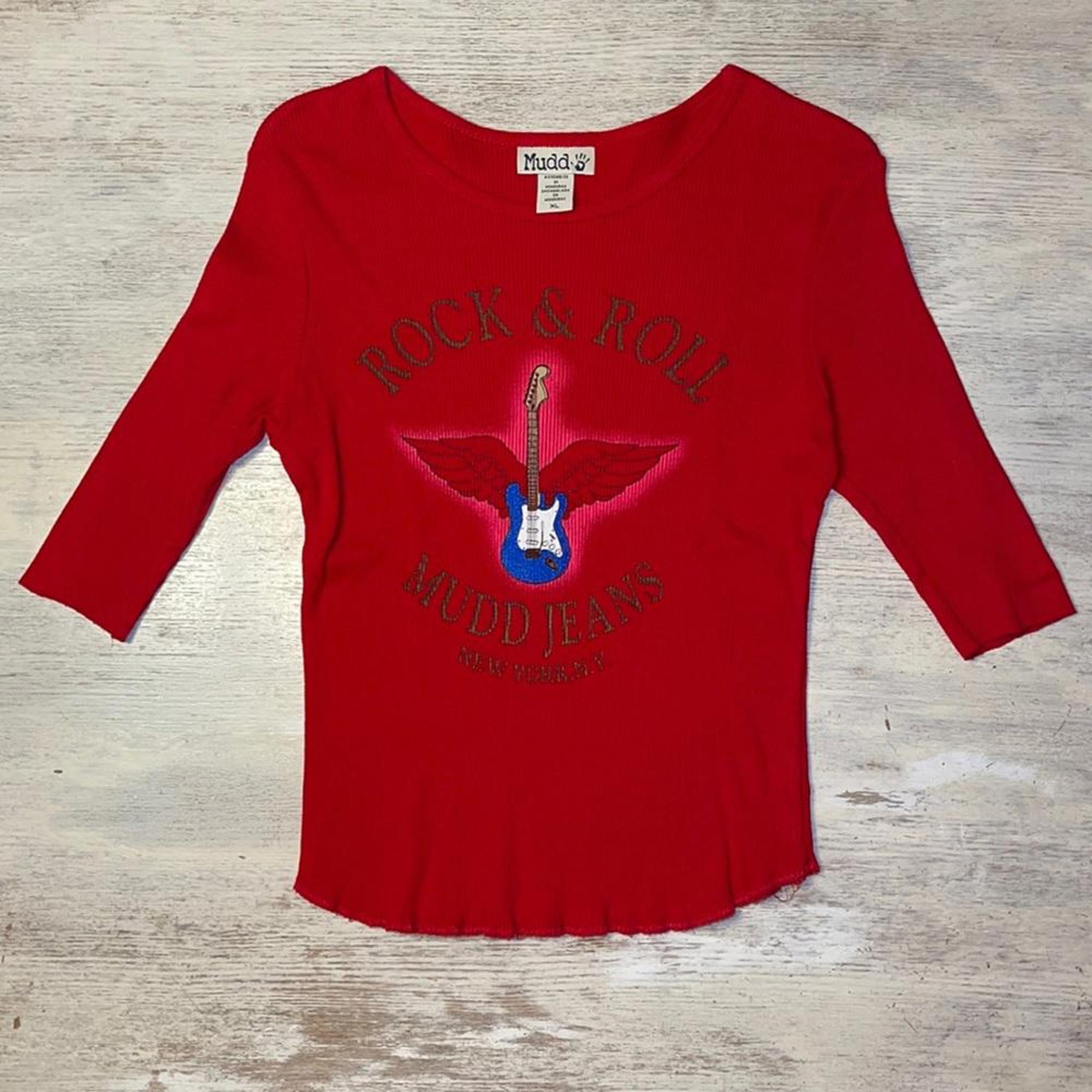 EUC Vintage 90s Y2K Ribbed Red Rock & Roll Mudd Jeans Tee Shirt