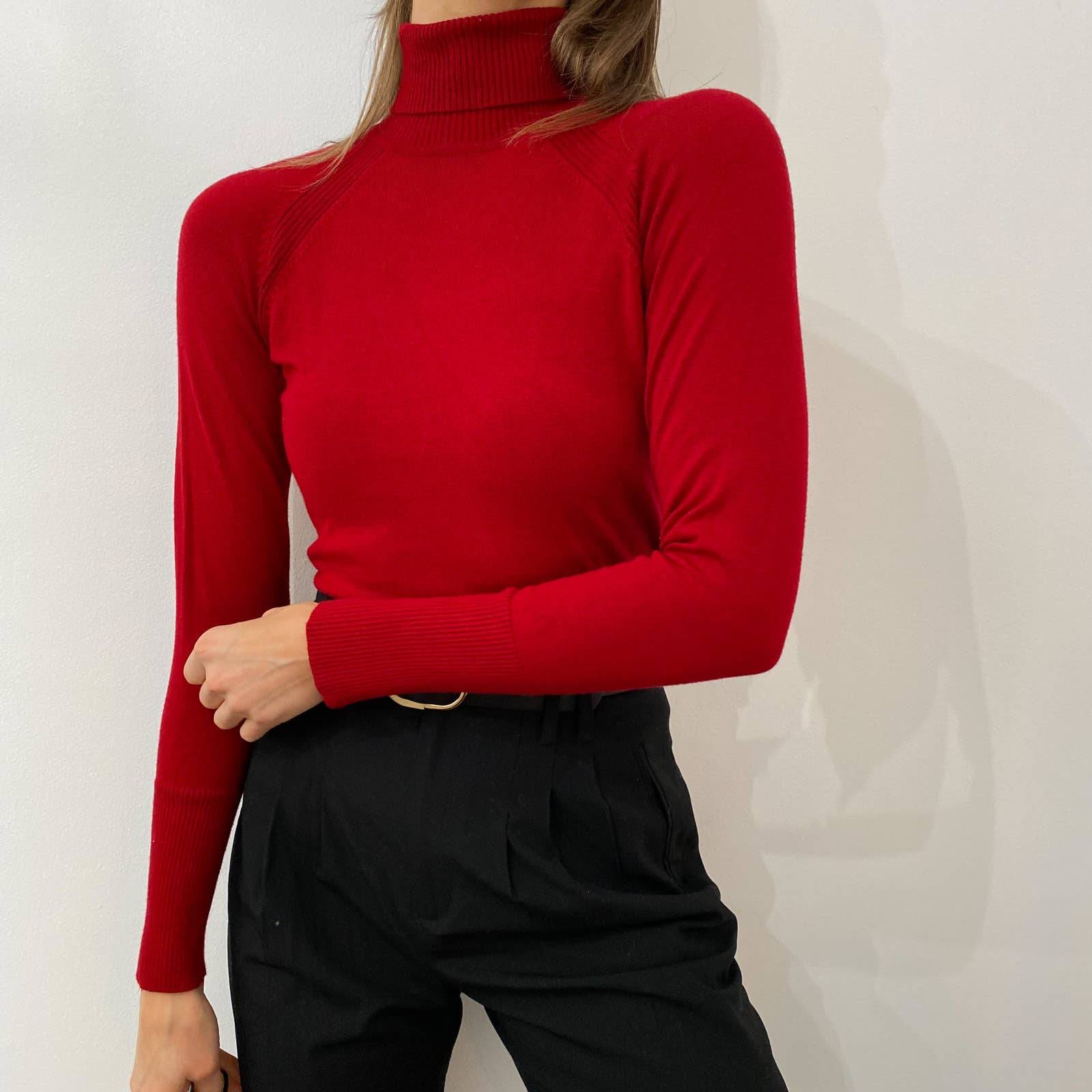 Red Turtleneck Light Knit Sweater