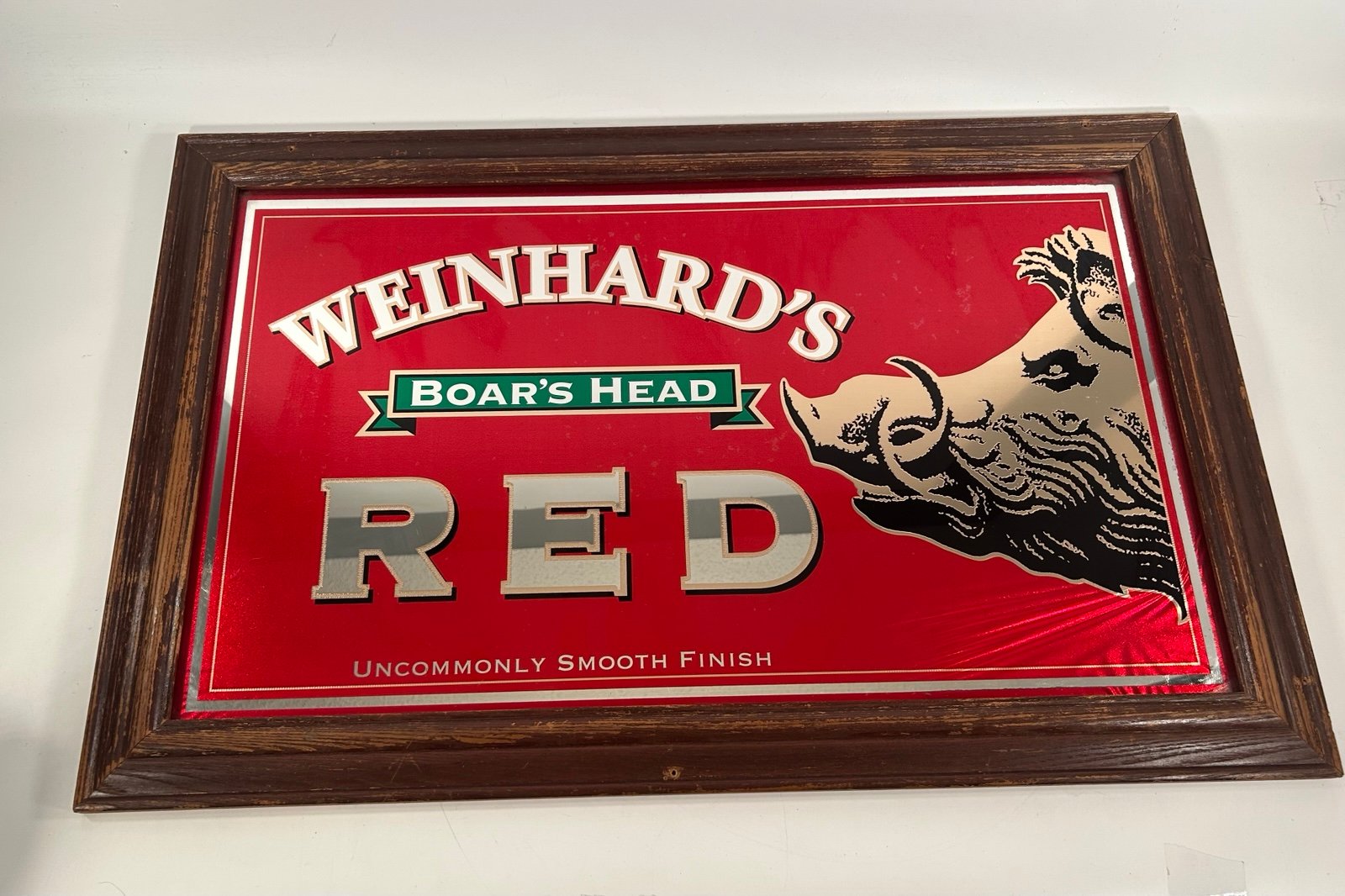 VINTAGE WEINHARDS RED BOAR'S HEAD WALL MIRROR SIGN 32x21 Smooth Finish Free Ship