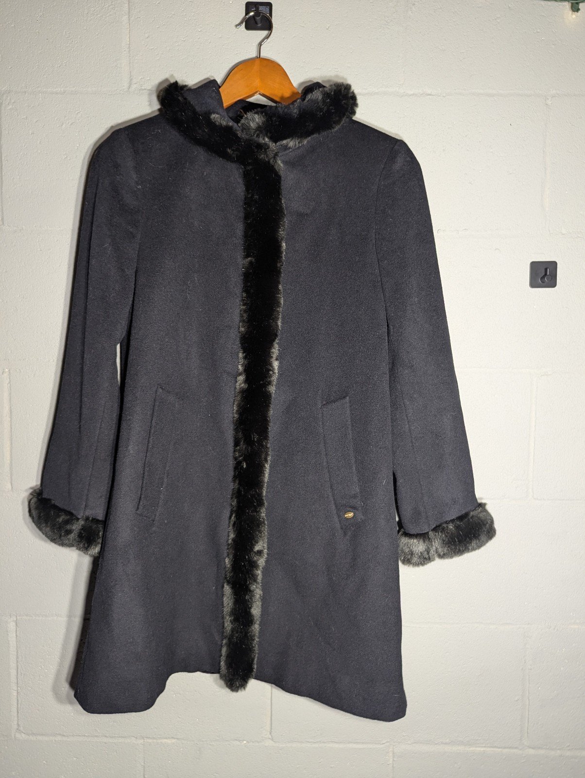 Ellen Tracy Black Wool-blend Coat Faux Fur Collar & Cuffs Size 4p